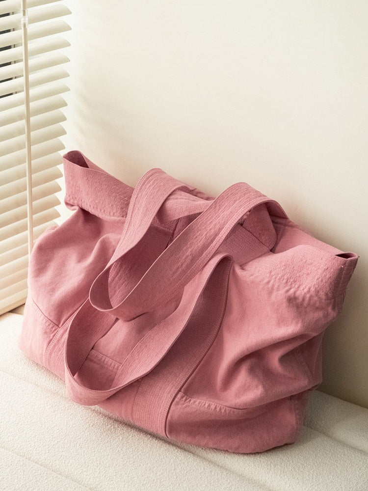 Large-Sized Chic Pink Double-Handle Canvas Tote Bag With Ruffle Accents