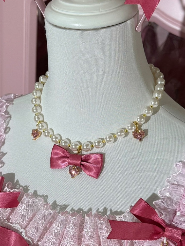 Pink/Wine Red Heart And Bowknot Pendant Beaded Neckalce