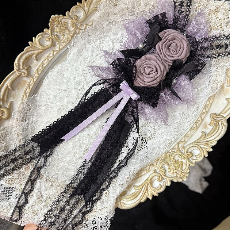 Purple&Black Bowknot Details Lace Trim Floral Design Hairclip