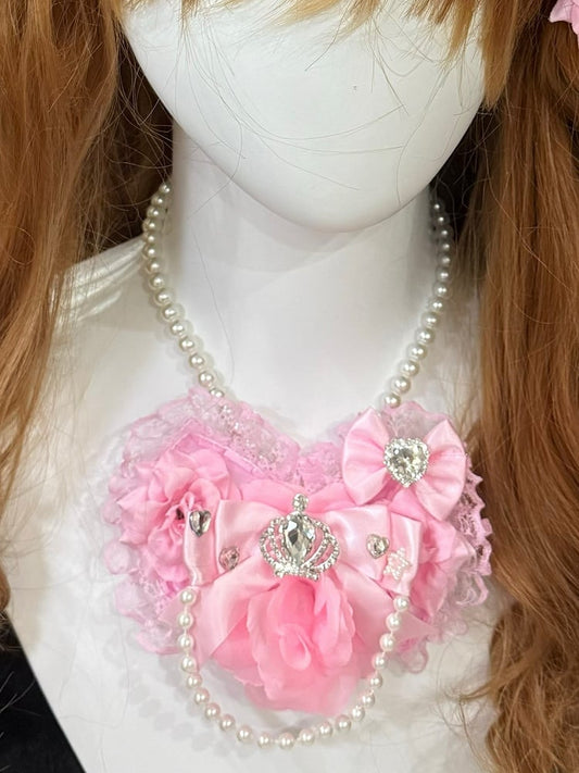 Pink Rhinestone Decorated Floral Design Bowknot Details Lace Trim Heart Pendant Beaded Necklace