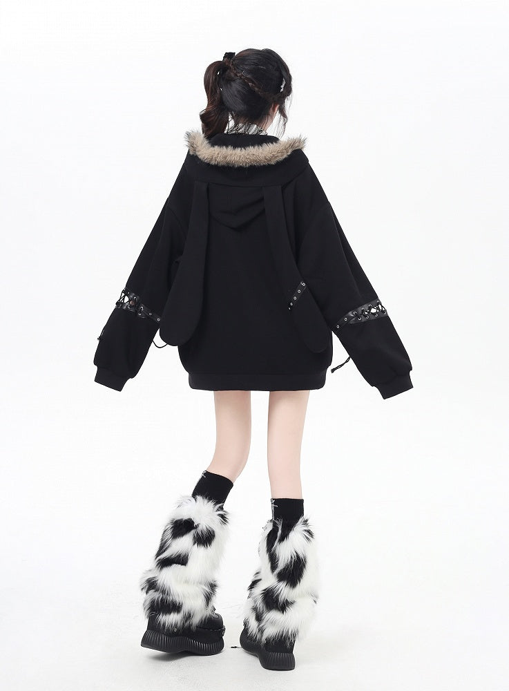 Khaki/Black Faux Fur Collar Loose Punk Coat with Lace-Up Detail