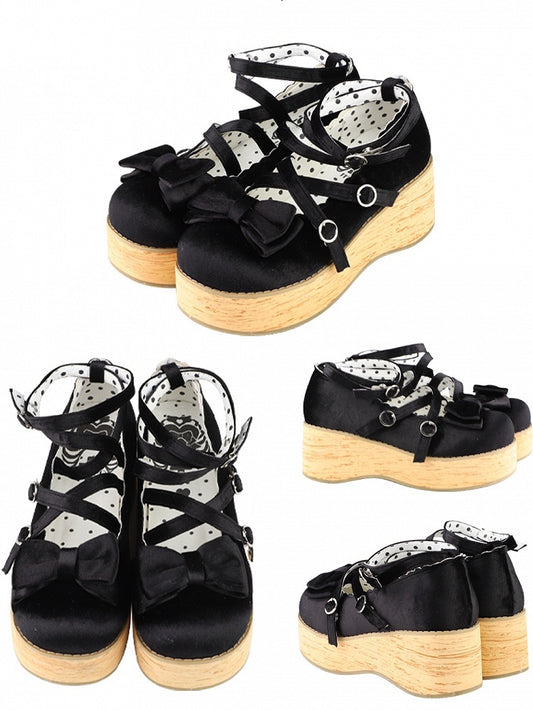 Bow Embellishments & Crisscross Design Velvet Black Platform Shoes in Sweet Lolita