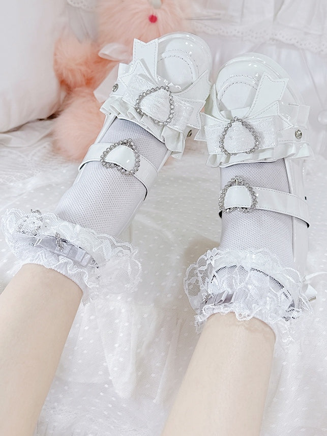 Jirai Kei Polished White Rhinestone Heart Decorated Lace-up Details Platform High Block Heels