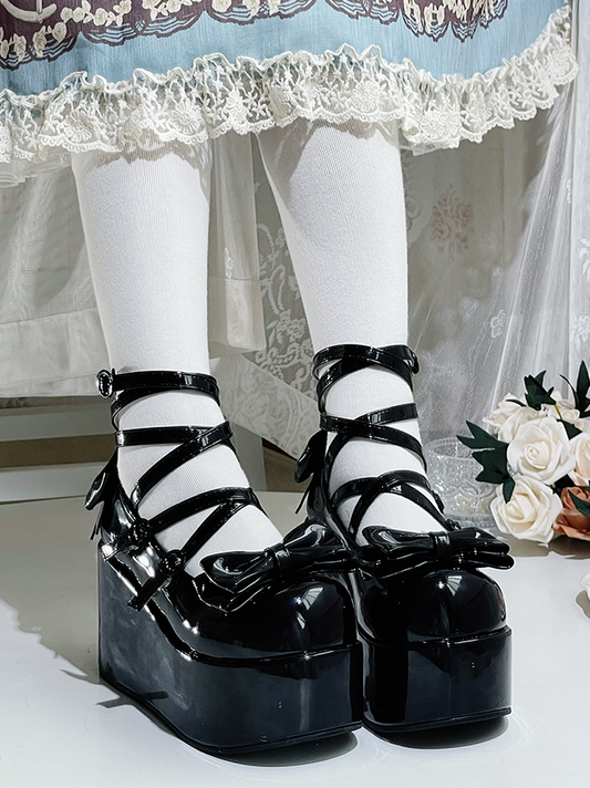 Black Bowknot Buckle Straps Round Toe Platform Lolita Shoes