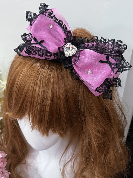 Black/Purple Rhinestone Decorated Lace Trim Bowknot Hairclip