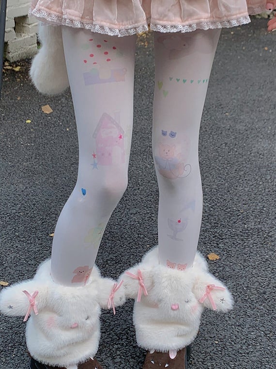 White Heart Bear Bunny Print Cartoon Tights