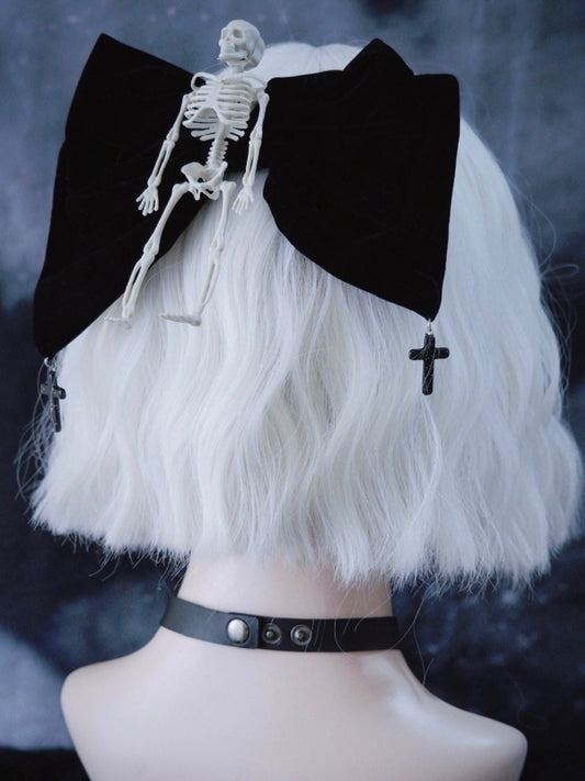 Handmade Skeleton Gothic Black Velvet Big Bow Hairclip with Crosses