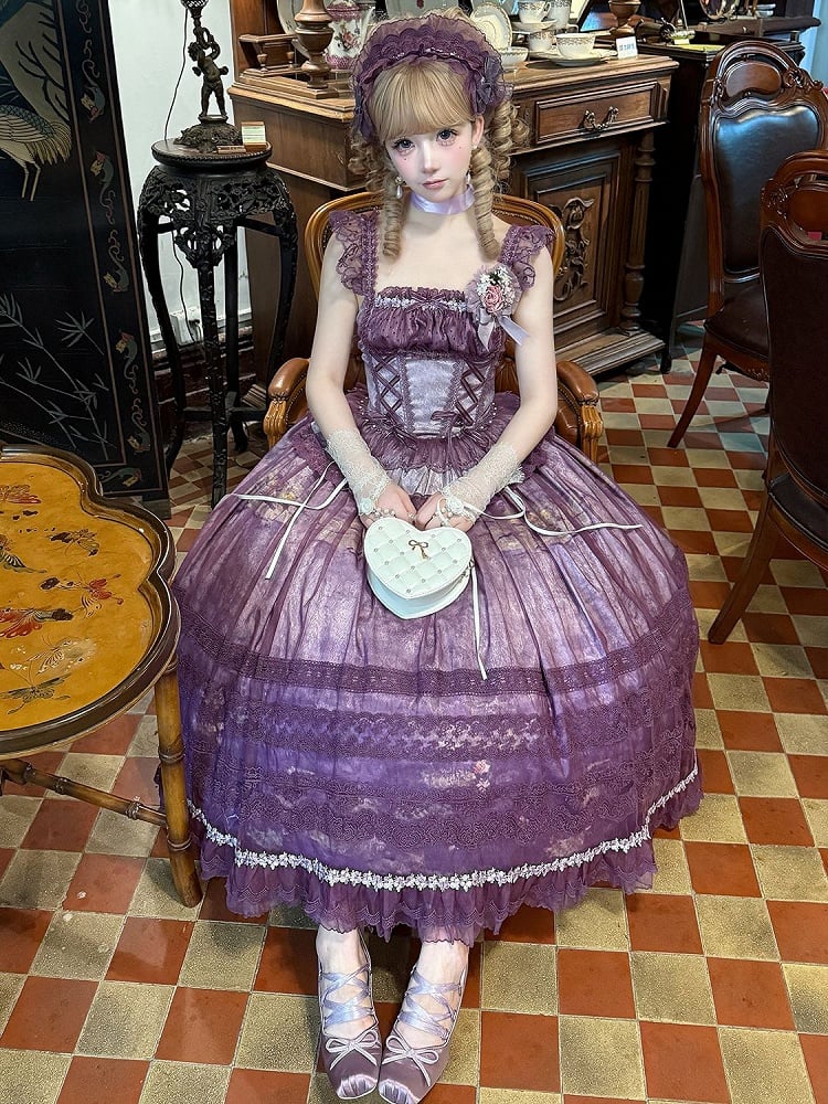 Purple Classic Lolita Boned Basque Waist Top + Oil Painting Print Overlay Skirt