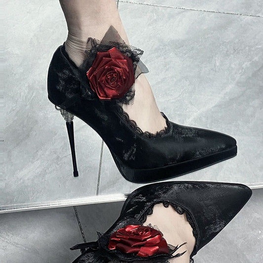 Black Gothic Floral Decorated Pointed Toe PU High Heels