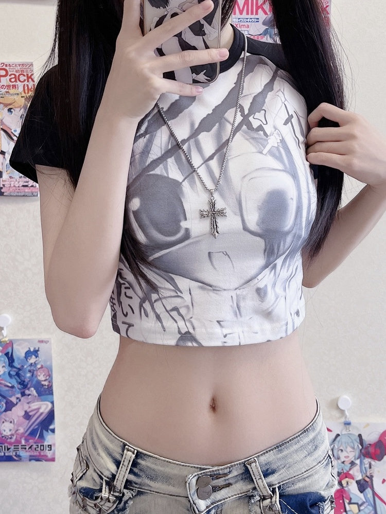 Cartoon Girl Print Black and White Cropped T-shirt Yami Kawaii Top
