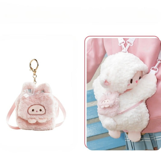 Cute Little Lamb White Plush Backpack/Crossbody Bag + Keychain