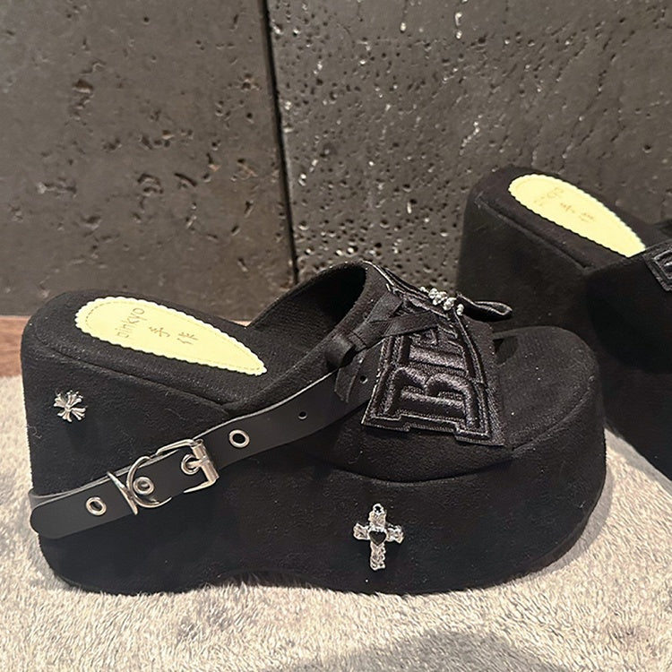 Y2K Skeleton Hand Embroidered Letters Punk Platform Slippers