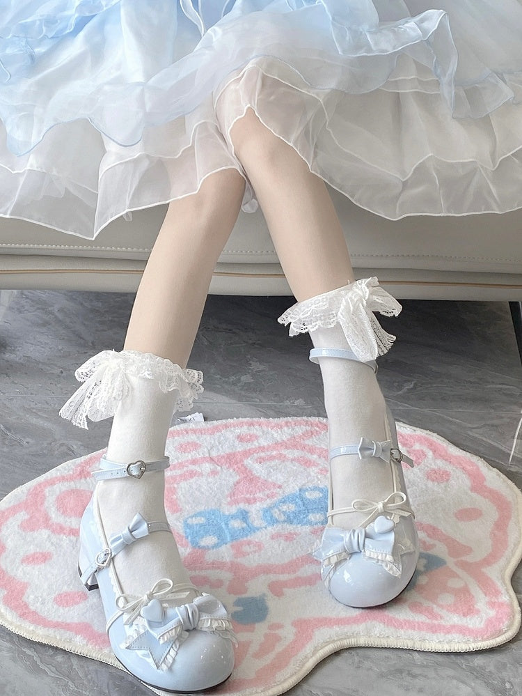 Blue Ruffle Trim Decorated Bow at Top 3.5CM Sweet Lolita Block Heel Mary Janes