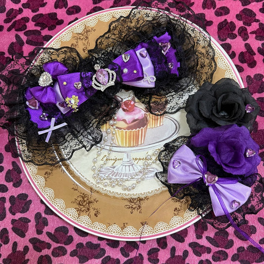 Two Black&Purple Rhinestone Heart And Crown Decorated Lace Trim Bead Chain Bowknot Hairclips With Dual Floral Hairclips