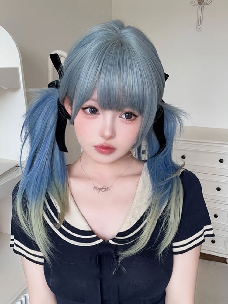 Blue Ombre Hair Color 65CM Length Hime Cut Straight Wig With Air Bangs