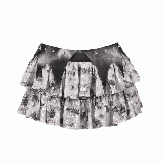 Y3K Fashion Futuristic Silver Gray Low Waist Bat Wing Detail Waistband Sequins Tiered Cyberpunk Skirt