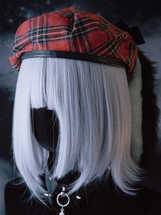 Red Plaid Pattern Rabbit Ears With Bowknots Beret