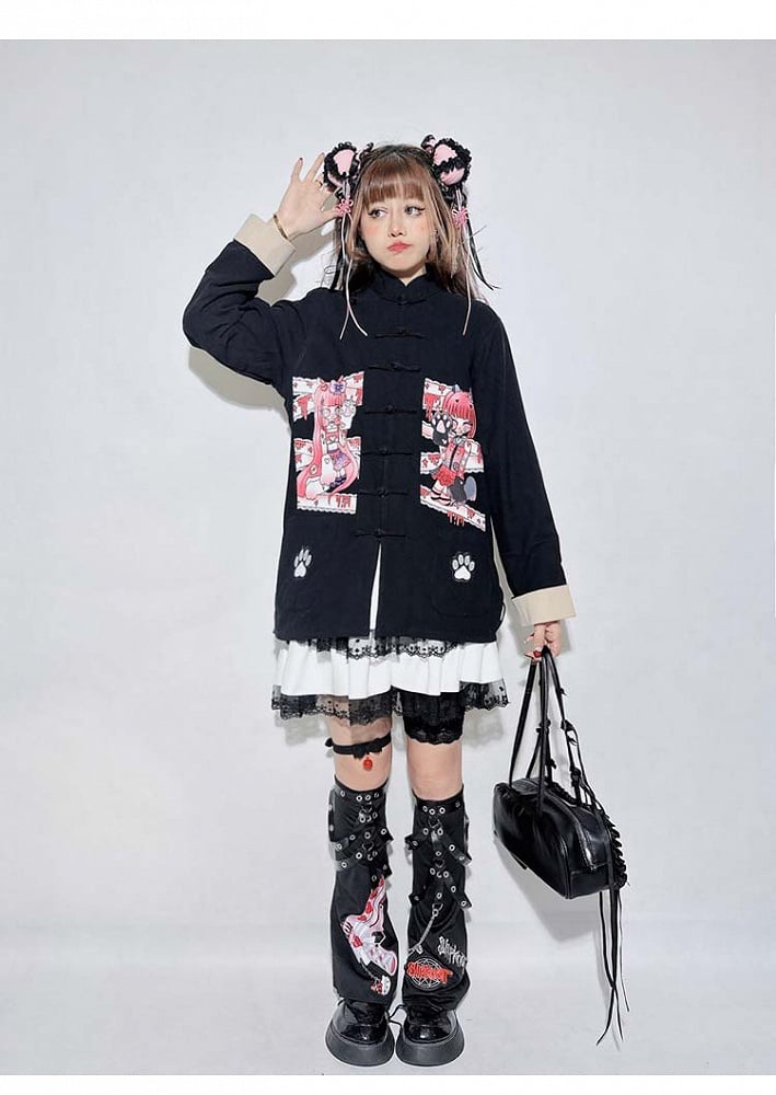Black Cartoon Print Chain PU Strap Design Leg Warmers