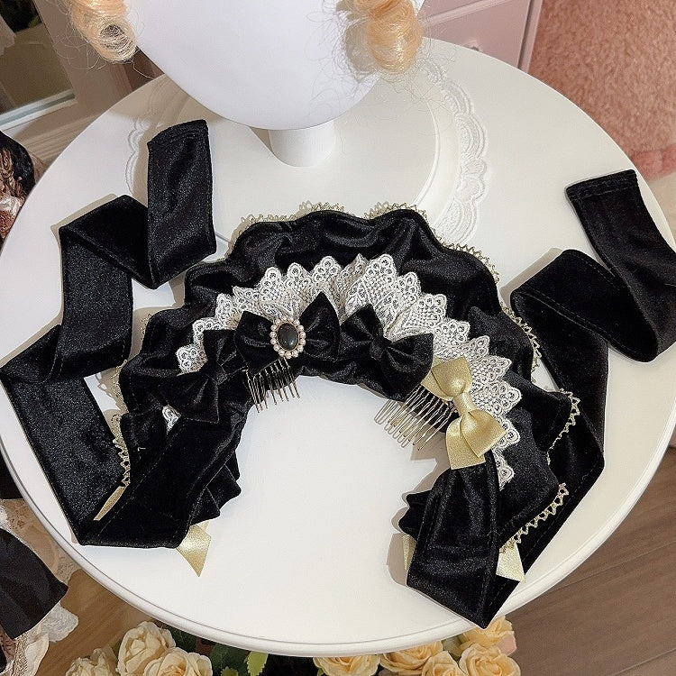 Wine Red/Black Velvet Lace Trim Bonnet + 4 Bowknot Brooches