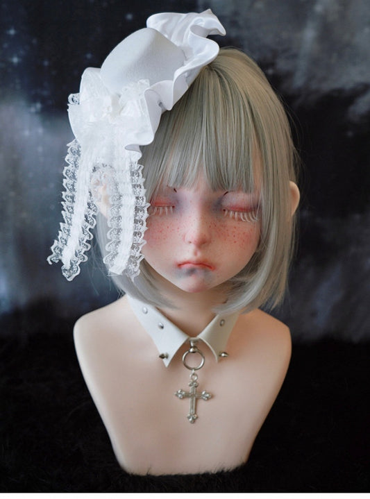 White Gothic Skeleton Lace Bow Ruffle Hem Hat Hairclip
