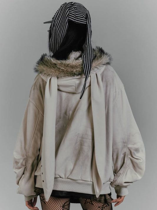 Spiderweb and Skeleton Print Gray Punk Rock Bunny Ears Fleece Zip Hoodie