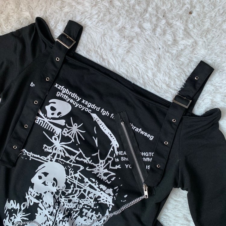 White Off-the-shoulder Neckline Skeleton Print Punk Top