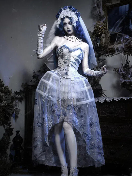 Corpse Bride White High-low Tulle Skirt with Delicate Blue Black Floral Embroidery