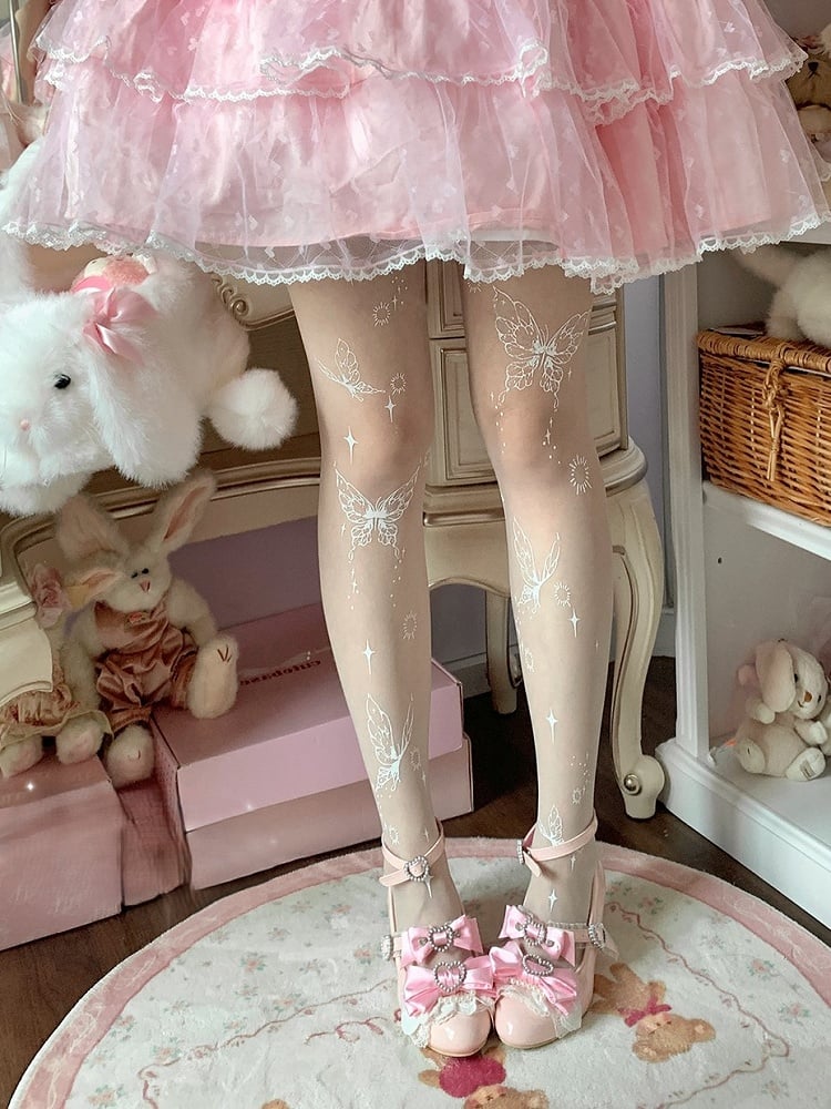 White Butterfly Print Sweet Lolita Tights