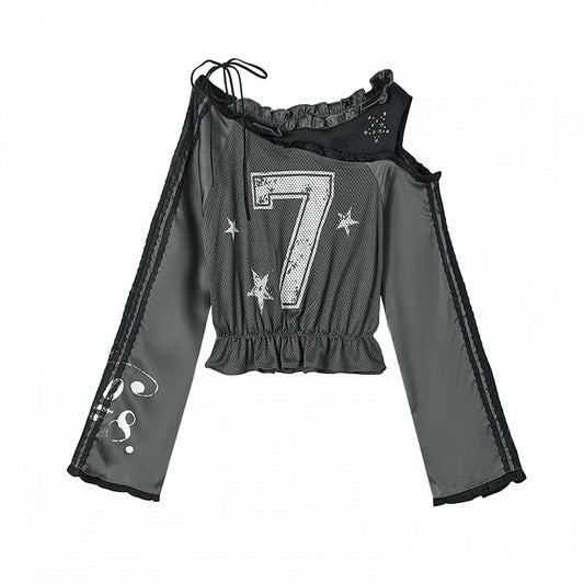 Gray Asymmetrical Neckline Number Print Blokette Core Punk Top
