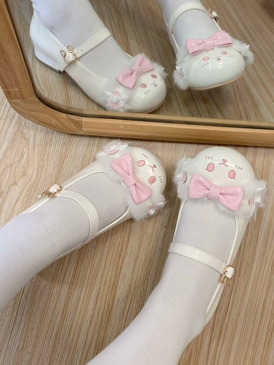 White&Pink Bowknot Details Plush Bunny Ear Sweet Lolita Round Toe Shoes With Bunny Buckle Strap