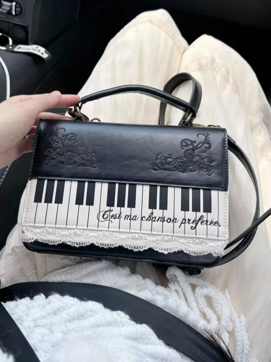 Chic Small-Sized Black Piano-Themed Crossbody & Backpack Briefcase With Embroidered Floral Accents