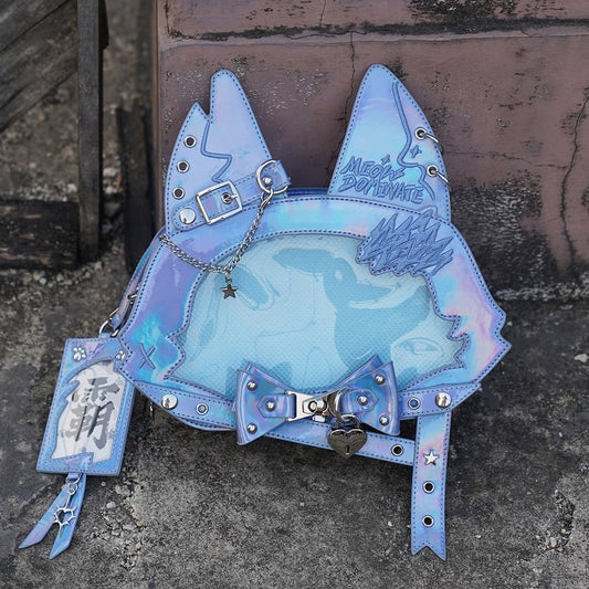 Kitty Ear Design Bowknot Studs Detail Blue PU Tote Bag Ita Bag with Free Card Holder