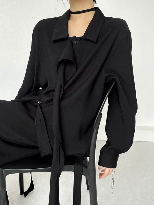 Ouji Lolita Black Retro Loose Pointed Collar Shirt with Long Draping Ribbon