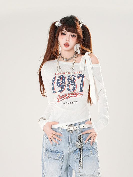 Vintage Number Print Blue/White/Black Asymmetrical Neckline Top