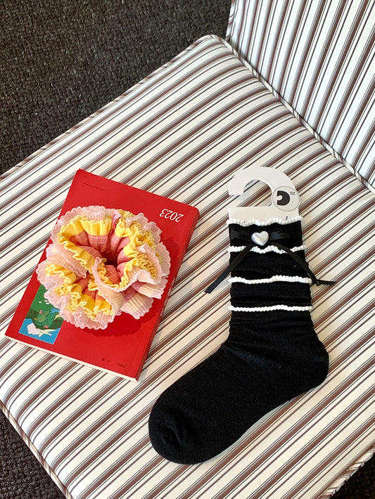 6 Color Options Beaded Heart Decorated Bowknot Detail Loose Calf Socks