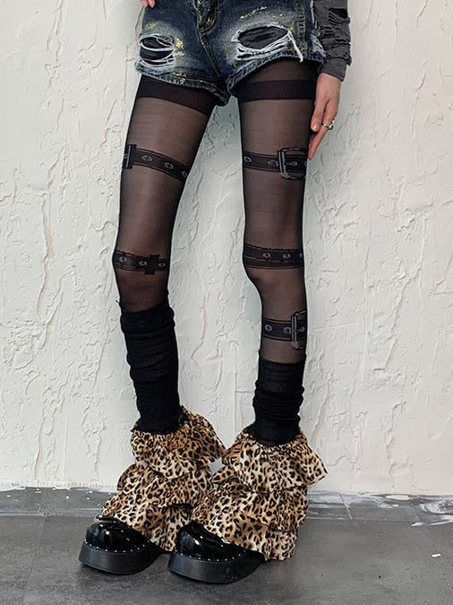 Black Punk Buckle Print Tights