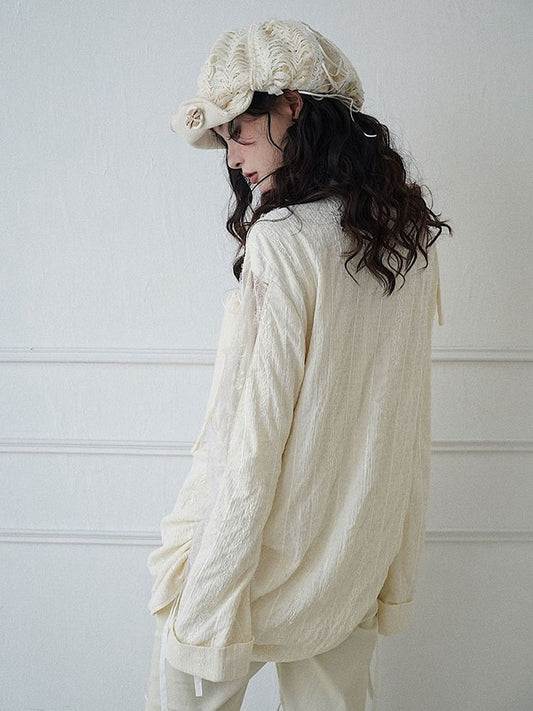 Lace-up Detail Beige Bowknot Details Long Sleeves Shirt