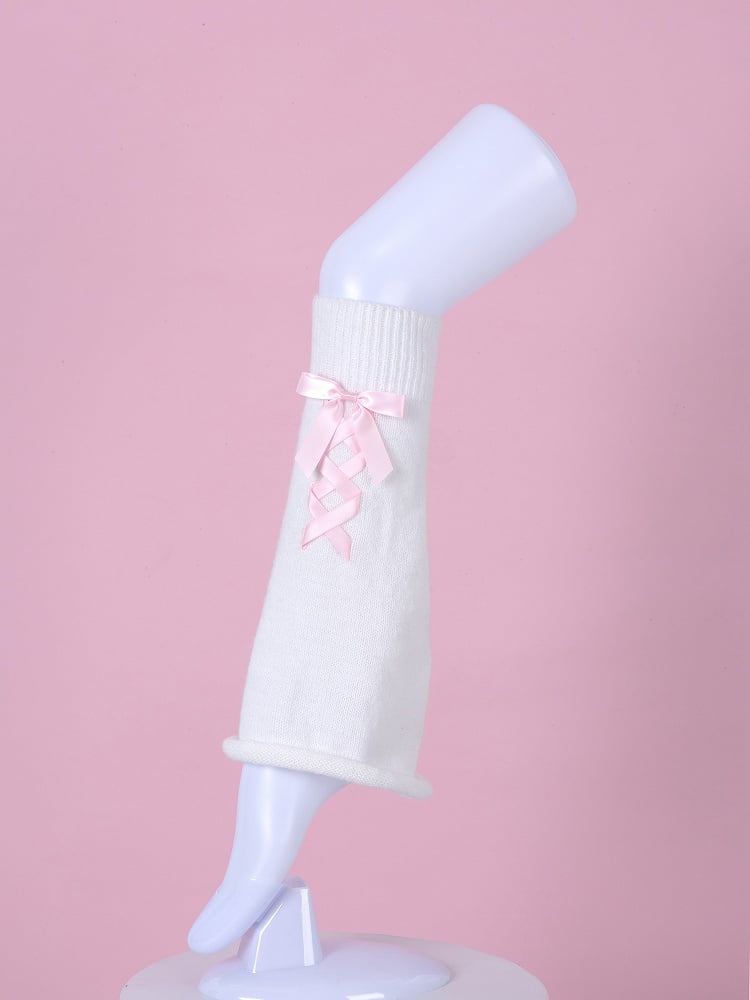Pink Small Bow Deocrated White Knitted Leg Warmmers