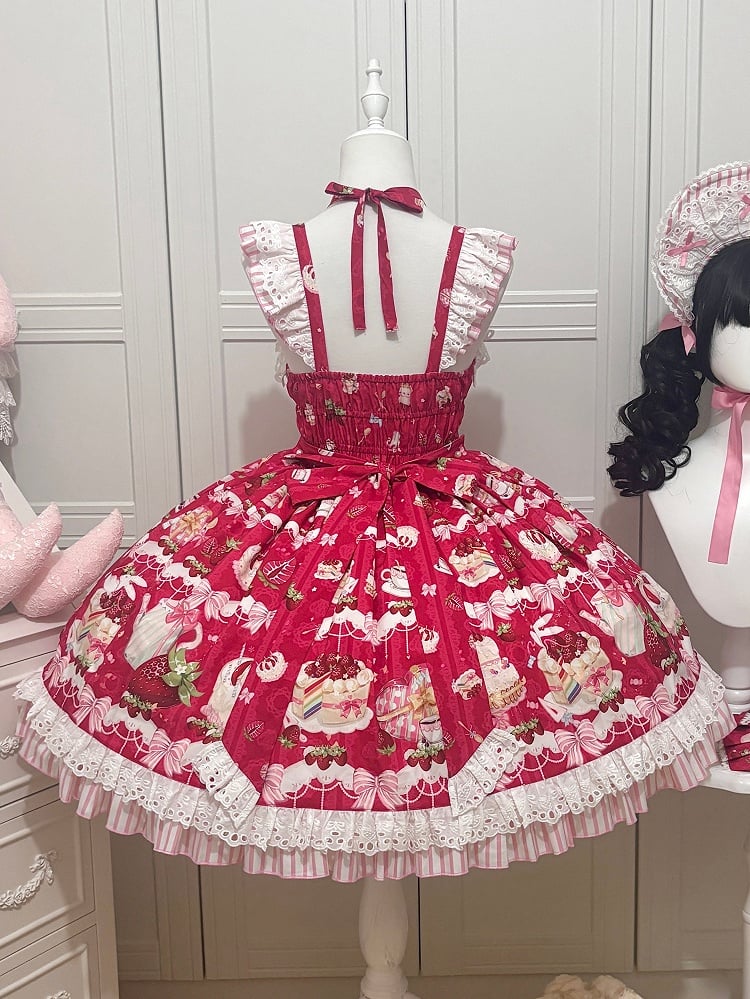 Bows and Strawberry Dessert Print Red Sweet Lolita Jumper Skirt
