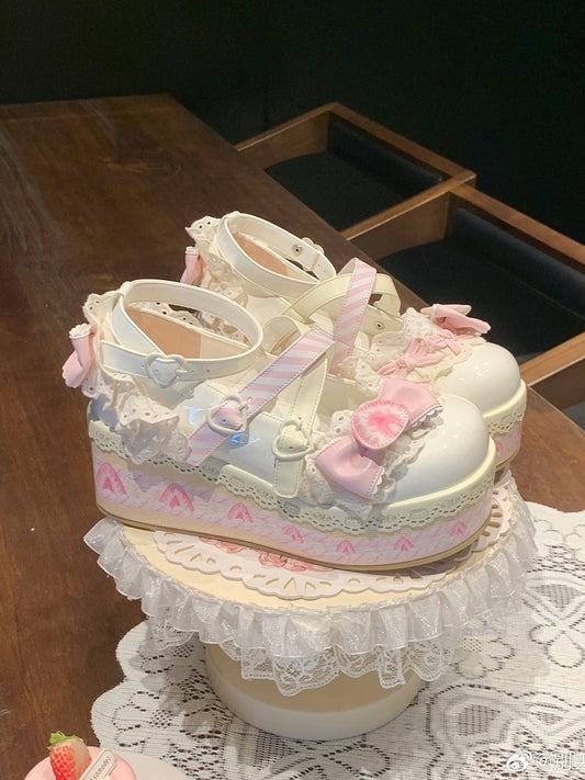 Clearance-Size 36 White Chocolate Strawberry Cake Sweet Lolita Platforms Mary Jane Shoes