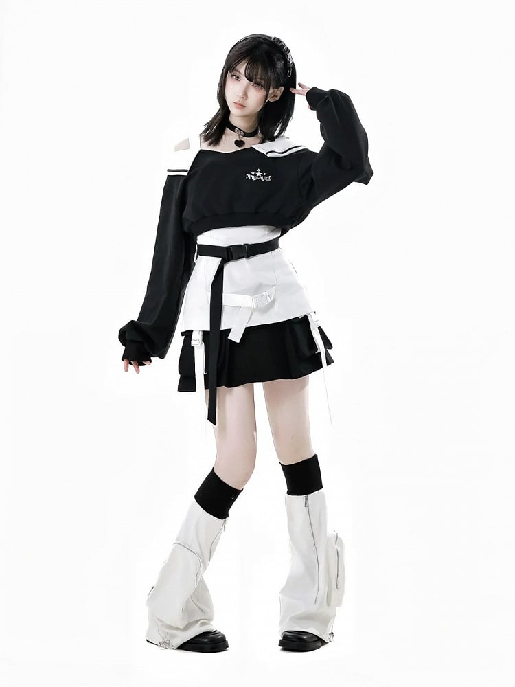 Black and White Zipper Detail Drawstring Cuffs Techwear Flared Leg Warmers