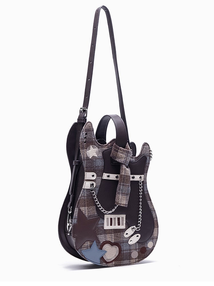 Brown Plaid Star Design Sweetheart Embroidered Guitar-shaped Bag