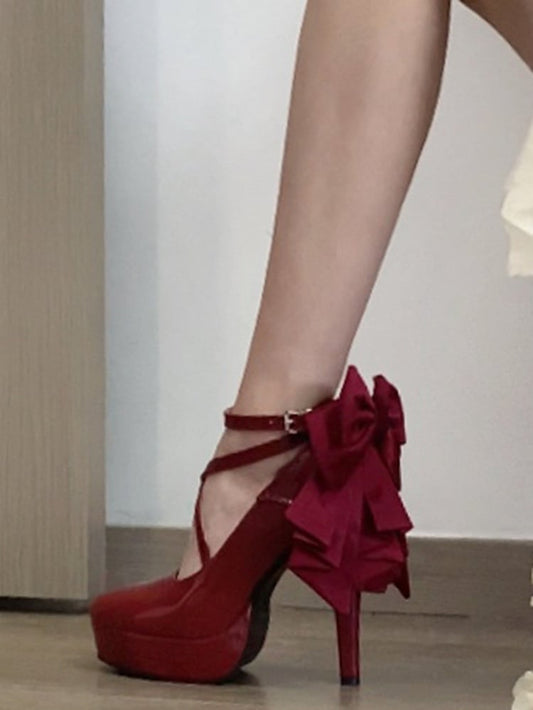 Polished Wine Red Detachable Bow Hime Lolita Platform High Block Heels