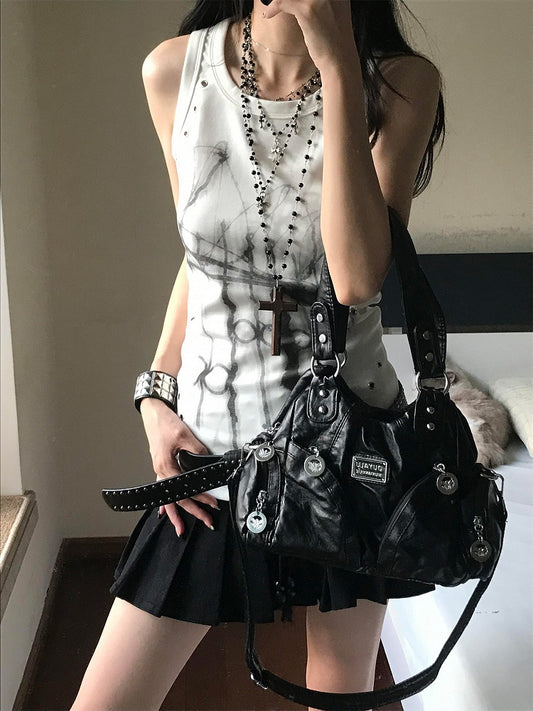 White Subcultural Print Sleeveless Top with Metal Eyelet Deocr
