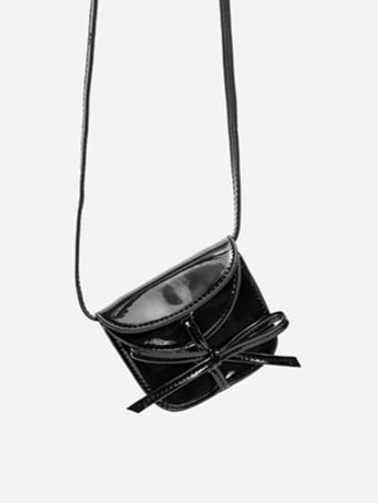 Chic Black Crossbody Card Holder With Glossy Finish And Bow Accent