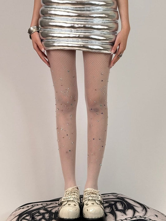 Black/White/Brown/Red Y2K Rhinestone Decorated Fishnet Design Tights