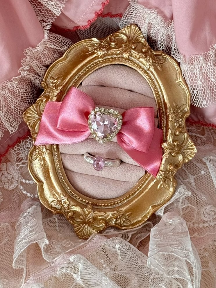 Pink Rhinestone Heart Bowknot Ring + Rhinestone Ring