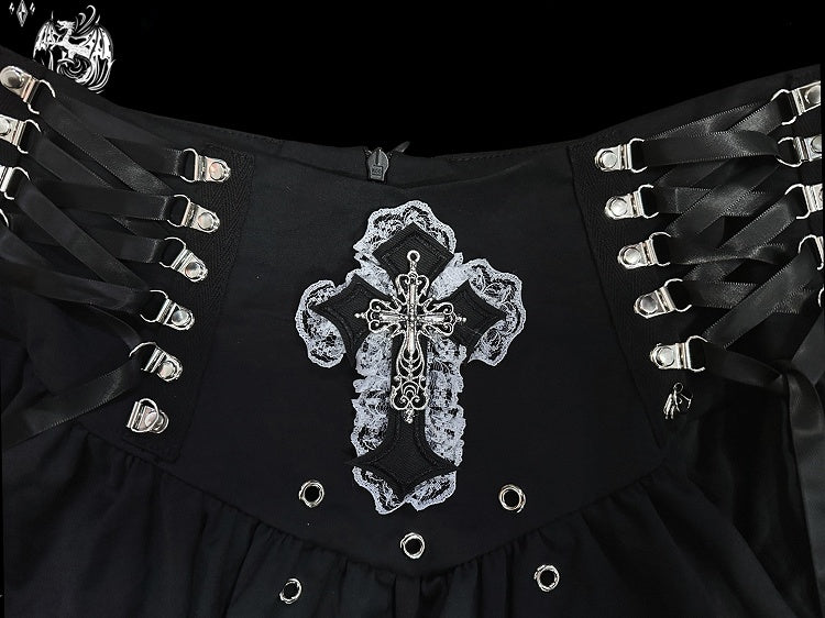Gothic Punk Black Metal Cross Adorned Studs Design Lace-up Detail Skirt