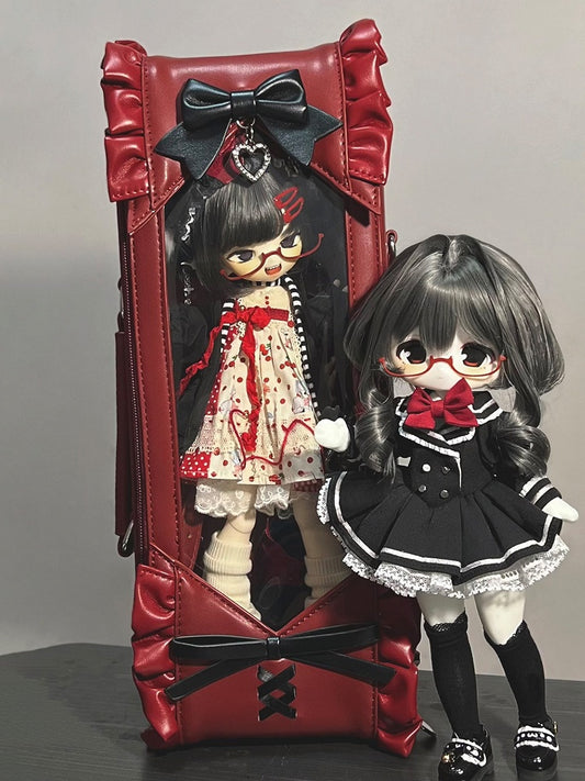 Black&Red Bowknot Details Diamond Pattern 1/6 Scale BJD Doll Bag with Two Straps