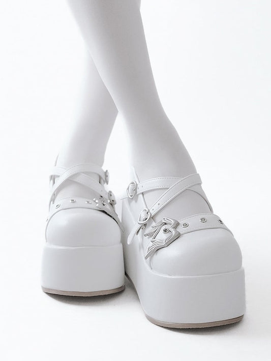 White Y2K Crisscross Design Wings Decorated Heart Buckles Platforms